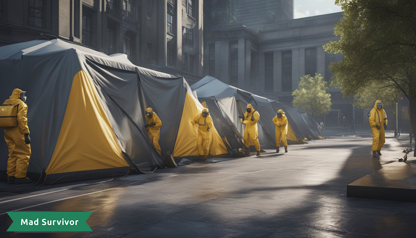 People in hazmat suits preparing decontamination tents and setting up quarantine zones in a city